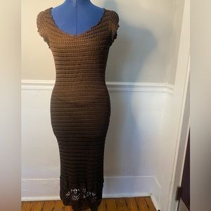 Vintage Tape Measure brown midi crochet knit cap sleeve bohemian dress